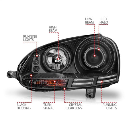 ANZO 2006 - 2009 Volkswagen Rabbit Projector Headlights w/ Halo Black (CCFL) - CPC Performance
