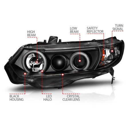 ANZO 2006 - 2011 Honda Civic Projector Headlights w/ Halo Black (CCFL) - CPC Performance