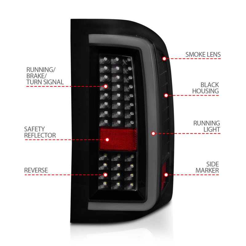 ANZO 2007 - 2013 Chevrolet Silverado1500/ 2500/ 3500 LED Tail Lights w/ Light Bar Black Housing Smoke - CPC Performance