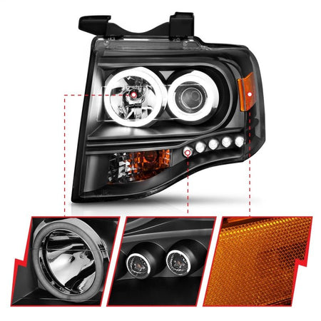 ANZO 2007 - 2014 Ford Expedition Projector Headlights w/ Halo Black - CPC Performance