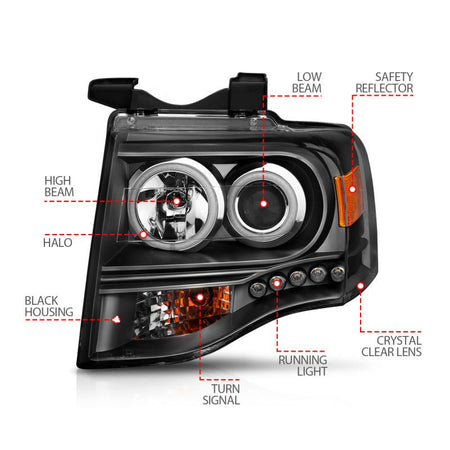 ANZO 2007 - 2014 Ford Expedition Projector Headlights w/ Halo Black - CPC Performance