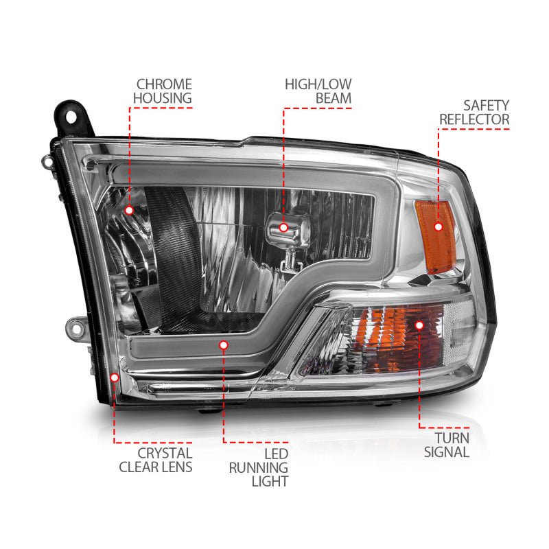 ANZO 2009 - 2018 Dodge Ram 1500/ 2500/ 3500 Crystal Headlights w/ Light Bar Chrome Housing - CPC Performance