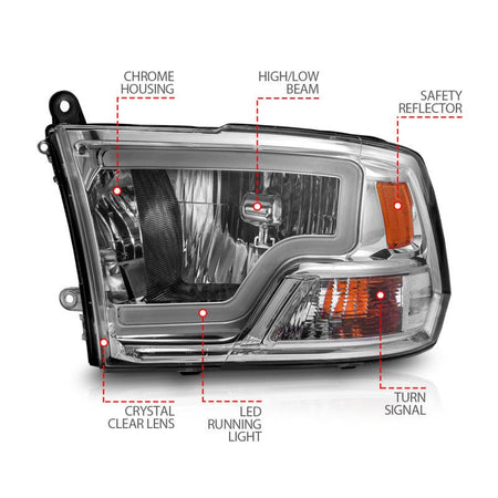 ANZO 2009 - 2018 Dodge Ram 1500/ 2500/ 3500 Crystal Headlights w/ Light Bar Chrome Housing - CPC Performance