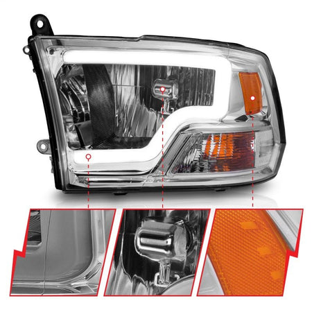 ANZO 2009 - 2018 Dodge Ram 1500/ 2500/ 3500 Crystal Headlights w/ Light Bar Chrome Housing - CPC Performance