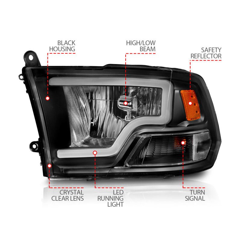 ANZO 2009 - 2018 Dodge Ram 1500 Crystal Headlights w/ Light Bar Black Housing - CPC Performance