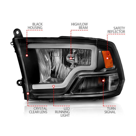 ANZO 2009 - 2018 Dodge Ram 1500 Crystal Headlights w/ Light Bar Black Housing - CPC Performance