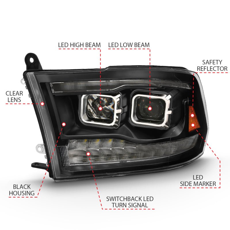 ANZO 2009 - 2018 Dodge Ram 1500 Led Projector Plank Style Switchback H.L Halo Black Amber (OE Style) - CPC Performance
