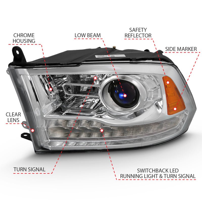ANZO 2009 - 2018 Dodge Ram 1500 Projector Plank Style Switchback H.L Halo Chrome Amber (OE Style) - CPC Performance