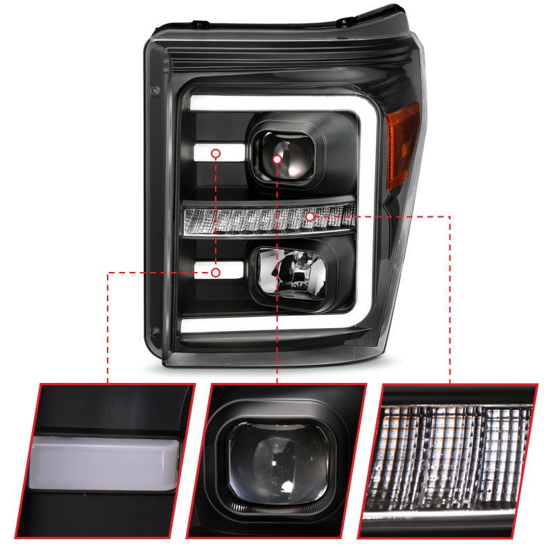 ANZO 2011 - 2016 Ford F250 Projector Headlights w/ Plank Style Switchback Black w/ Amber - CPC Performance