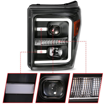 ANZO 2011 - 2016 Ford F250 Projector Headlights w/ Plank Style Switchback Black w/ Amber - CPC Performance