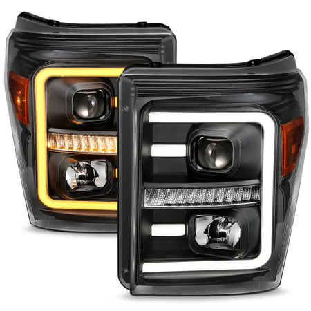 ANZO 2011 - 2016 Ford F250 Projector Headlights w/ Plank Style Switchback Black w/ Amber - CPC Performance