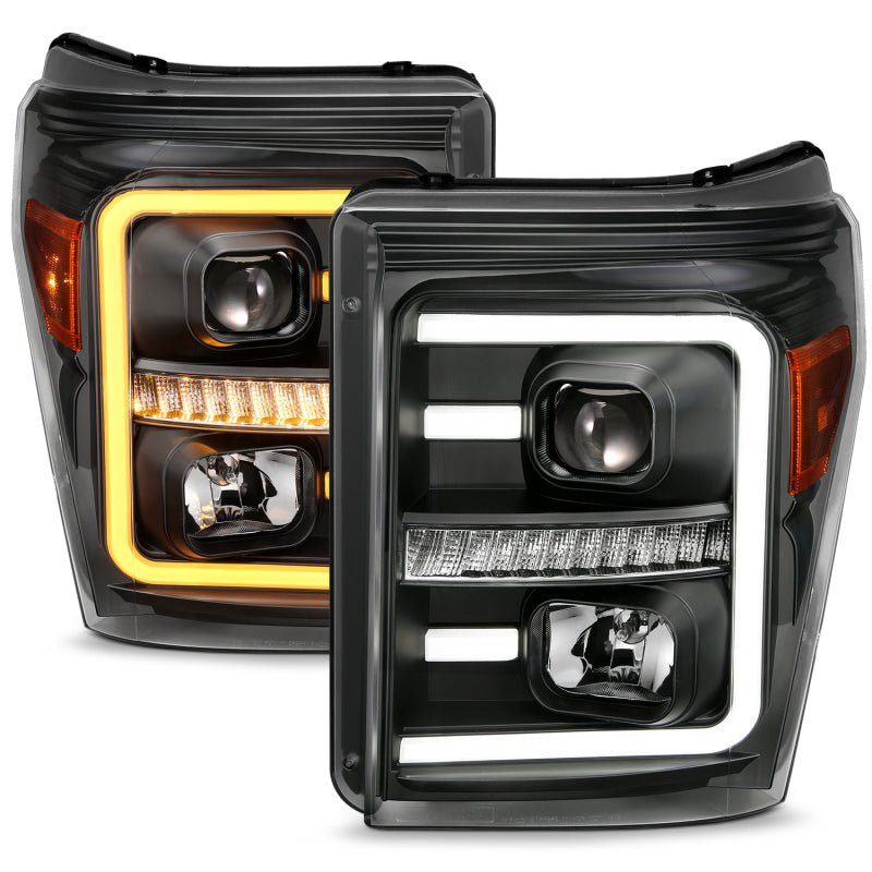 ANZO 2011 - 2016 Ford F250 Projector Headlights w/ Plank Style Switchback Black w/ Amber - CPC Performance