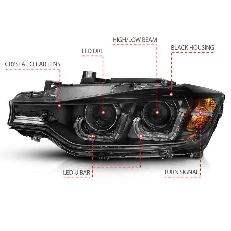 ANZO 2012 - 2015 BMW 3 Series Projector Headlights w/ U - Bar Black - CPC Performance