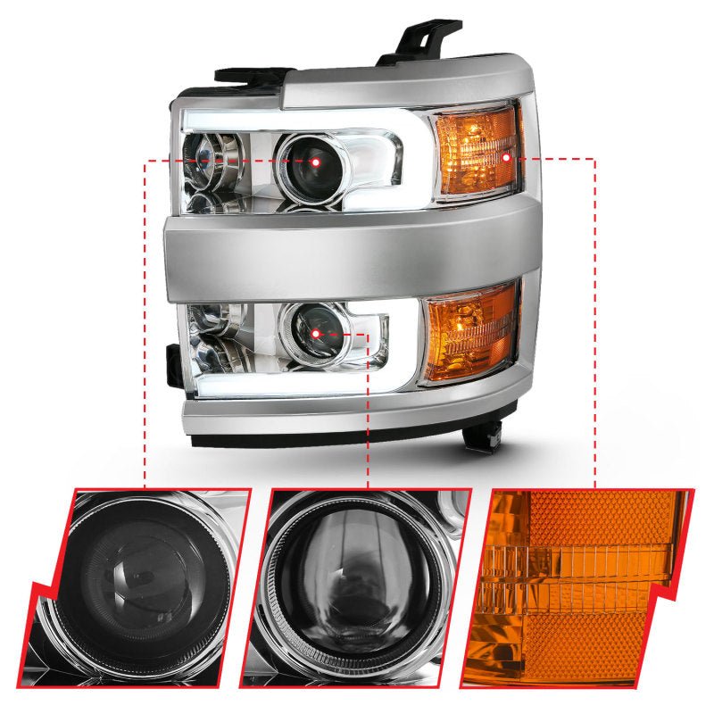 ANZO 2015 - 2016 Chevrolet Silverado Projector Headlights w/ Plank Style Design Chrome w/ Amber - CPC Performance