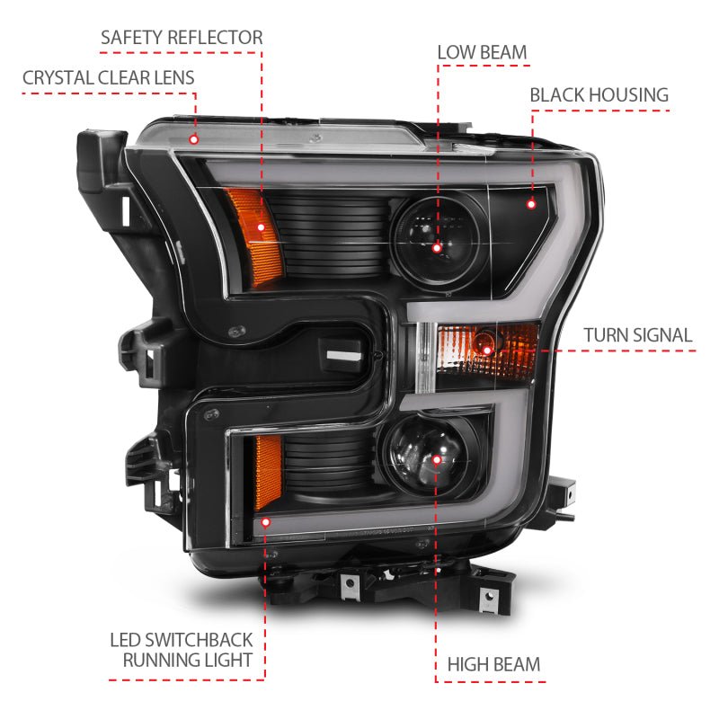ANZO 2015 - 2017 Ford F - 150 Projector Headlights w/ Plank Style Switchback Black w/ Amber - CPC Performance