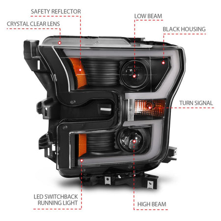 ANZO 2015 - 2017 Ford F - 150 Projector Headlights w/ Plank Style Switchback Black w/ Amber - CPC Performance