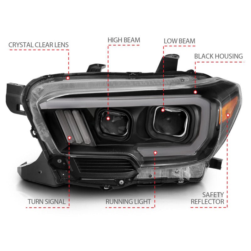 ANZO 2016 - 2017 Toyota Tacoma Projector Headlights w/ Plank Style Switchback Black w/ Amber - CPC Performance