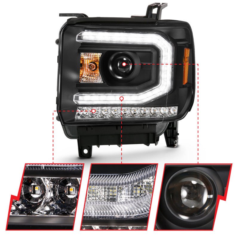 ANZO 2016 - 2019 GMC Sierra 1500 Projector Headlight Plank Style Black w/ Sequential Amber Signal - CPC Performance