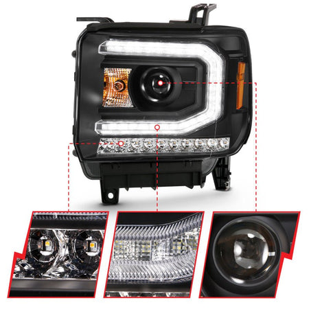 ANZO 2016 - 2019 GMC Sierra 1500 Projector Headlight Plank Style Black w/ Sequential Amber Signal - CPC Performance