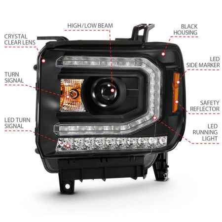 ANZO 2016 - 2019 GMC Sierra 1500 Projector Headlight Plank Style Black w/ Sequential Amber Signal - CPC Performance