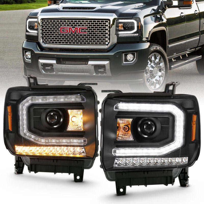 ANZO 2016 - 2019 GMC Sierra 1500 Projector Headlight Plank Style Black w/ Sequential Amber Signal - CPC Performance