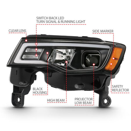 ANZO 2017 - 2018 Jeep Grand Cherokee Projector Headlights w/ Plank Style Switchback - Black w/ Amber - CPC Performance
