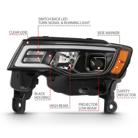 ANZO 2017 - 2018 Jeep Grand Cherokee Projector Headlights w/ Plank Style Switchback - Black w/ Amber - CPC Performance