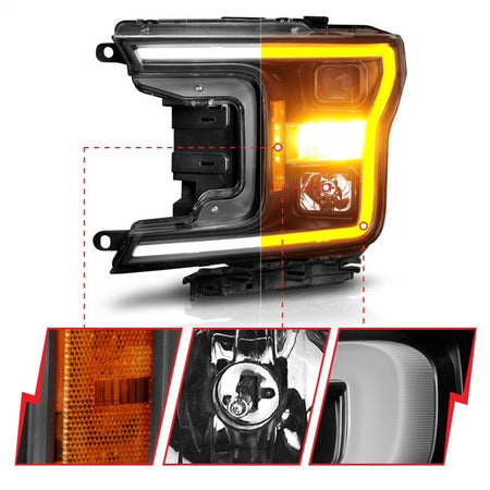 ANZO 2018 - 2020 Ford F - 150 Projector Headlight w/ Plank Style Switchback Black Housing - CPC Performance