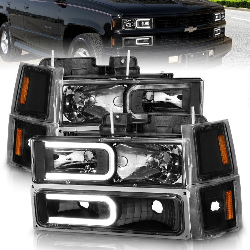 ANZO 88 - 98 Chevrolet C1500 Crystal Headlights w/ Light Bar Black Housing w/ Signal Side Markers 8Pcs - CPC Performance