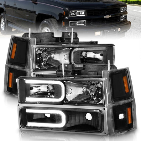 ANZO 88 - 98 Chevrolet C1500 Crystal Headlights w/ Light Bar Black Housing w/ Signal Side Markers 8Pcs - CPC Performance