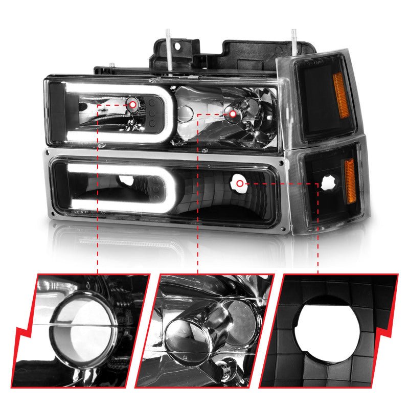 ANZO 88 - 98 Chevrolet C1500 Crystal Headlights w/ Light Bar Black Housing w/ Signal Side Markers 8Pcs - CPC Performance