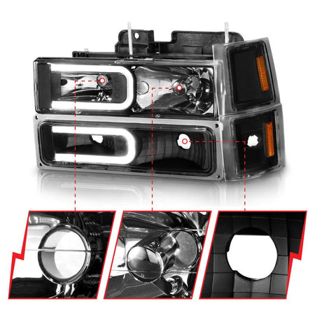 ANZO 88 - 98 Chevrolet C1500 Crystal Headlights w/ Light Bar Black Housing w/ Signal Side Markers 8Pcs - CPC Performance