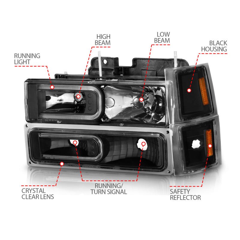 ANZO 88 - 98 Chevrolet C1500 Crystal Headlights w/ Light Bar Black Housing w/ Signal Side Markers 8Pcs - CPC Performance