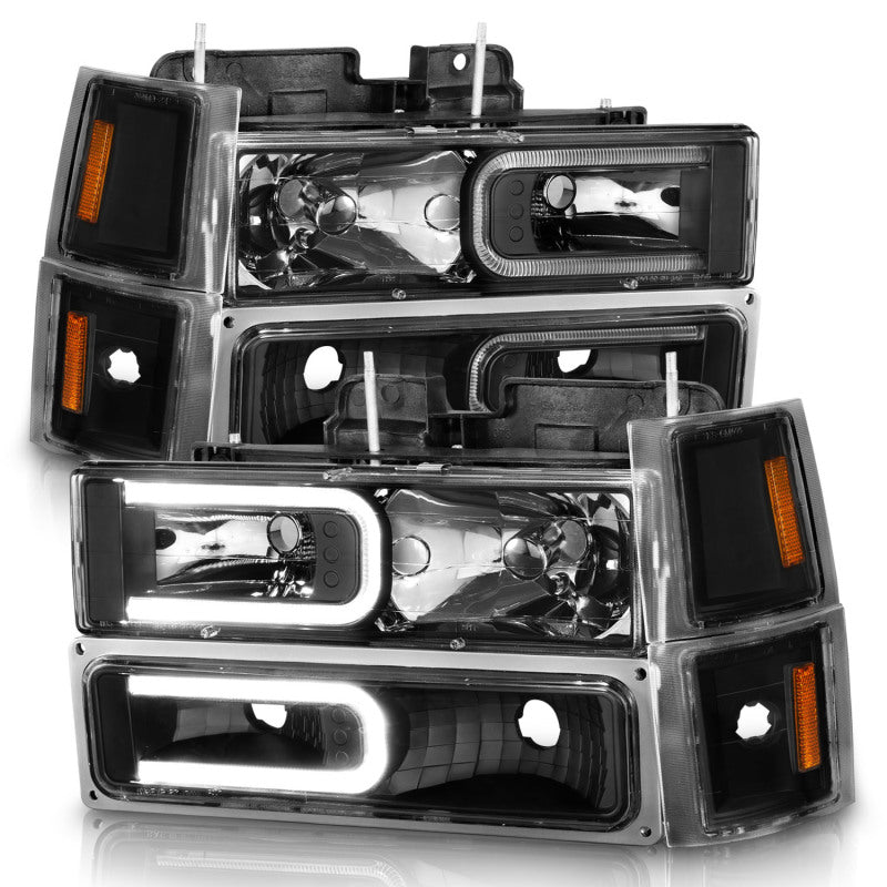 ANZO 88 - 98 Chevrolet C1500 Crystal Headlights w/ Light Bar Black Housing w/ Signal Side Markers 8Pcs - CPC Performance