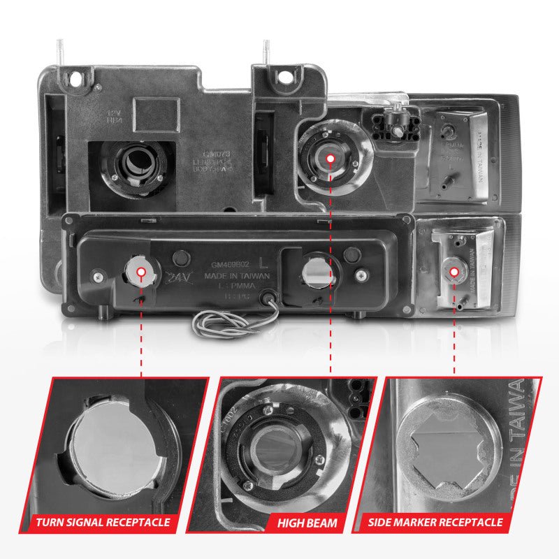 ANZO 88 - 98 Chevrolet C1500 Crystal Headlights w/Light Bar Chrome Housing w/ Signal Side Markers 8Pcs - CPC Performance
