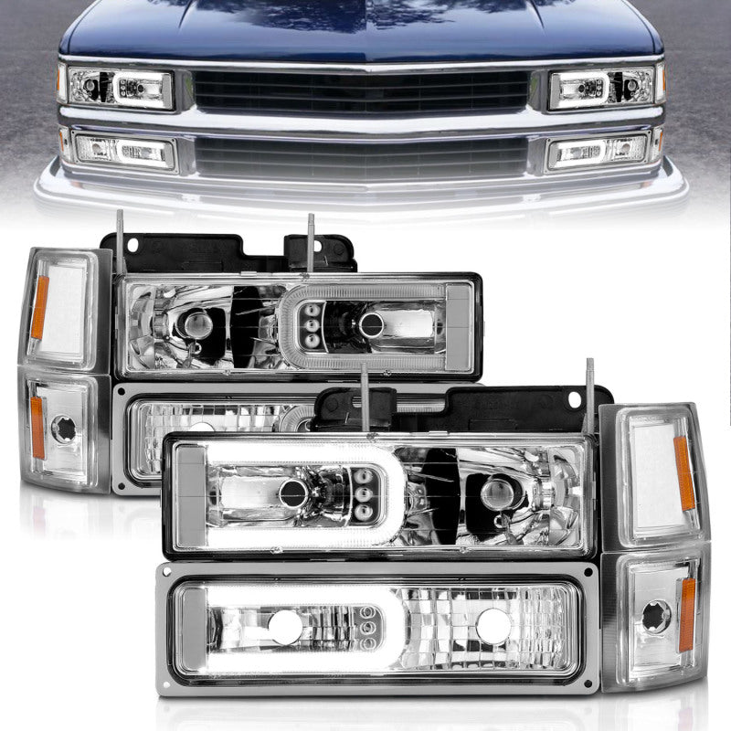 ANZO 88 - 98 Chevrolet C1500 Crystal Headlights w/Light Bar Chrome Housing w/ Signal Side Markers 8Pcs - CPC Performance