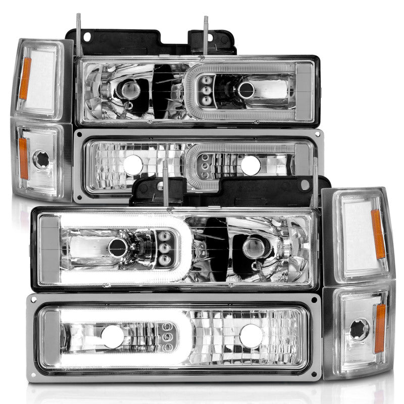 ANZO 88 - 98 Chevrolet C1500 Crystal Headlights w/Light Bar Chrome Housing w/ Signal Side Markers 8Pcs - CPC Performance