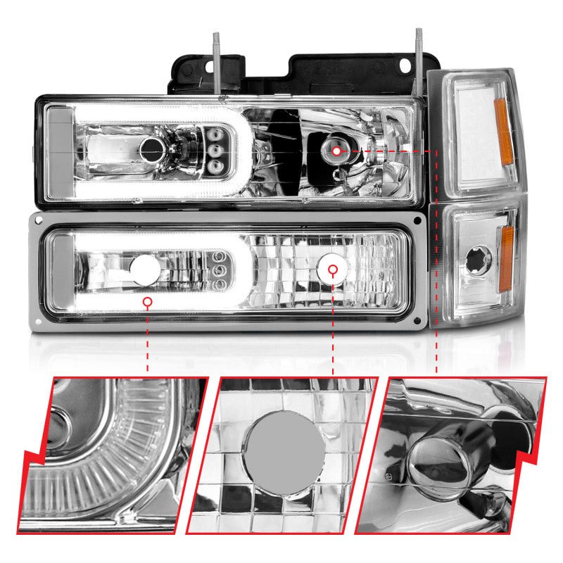 ANZO 88 - 98 Chevrolet C1500 Crystal Headlights w/Light Bar Chrome Housing w/ Signal Side Markers 8Pcs - CPC Performance