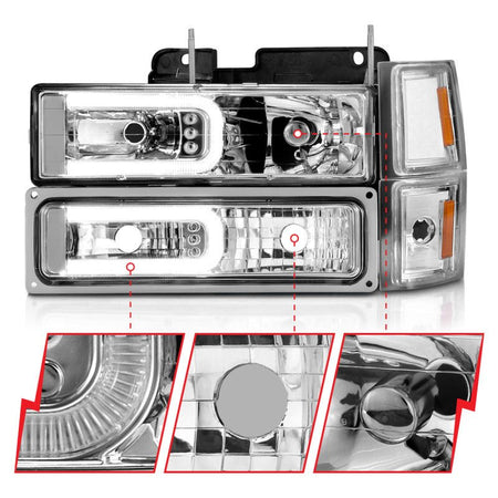 ANZO 88 - 98 Chevrolet C1500 Crystal Headlights w/Light Bar Chrome Housing w/ Signal Side Markers 8Pcs - CPC Performance