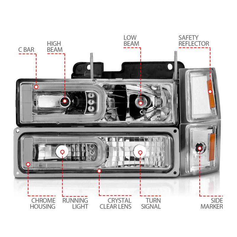 ANZO 88 - 98 Chevrolet C1500 Crystal Headlights w/Light Bar Chrome Housing w/ Signal Side Markers 8Pcs - CPC Performance