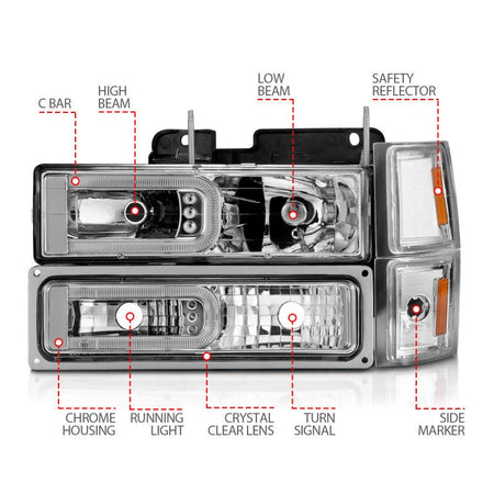ANZO 88 - 98 Chevrolet C1500 Crystal Headlights w/Light Bar Chrome Housing w/ Signal Side Markers 8Pcs - CPC Performance