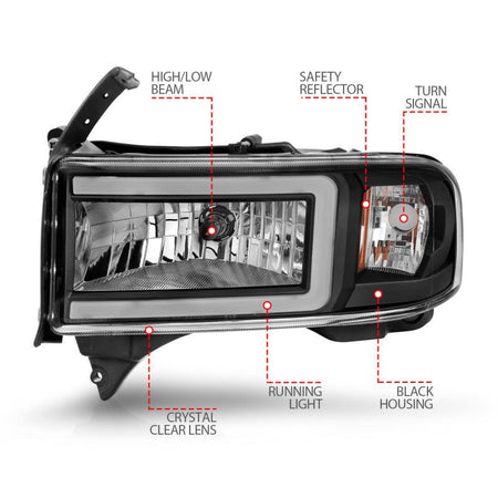 ANZO 94 - 02 Dodge RAM Crystal Headlight - w/ Light Bar Black Housing - CPC Performance