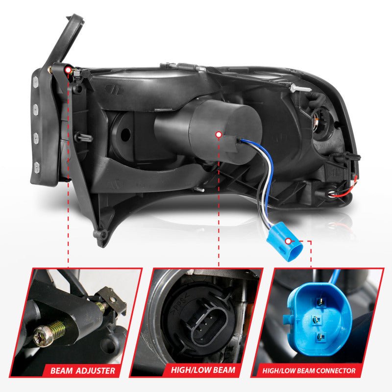 ANZO 94 - 02 Dodge RAM Crystal Headlight - w/ Light Bar Black Housing - CPC Performance