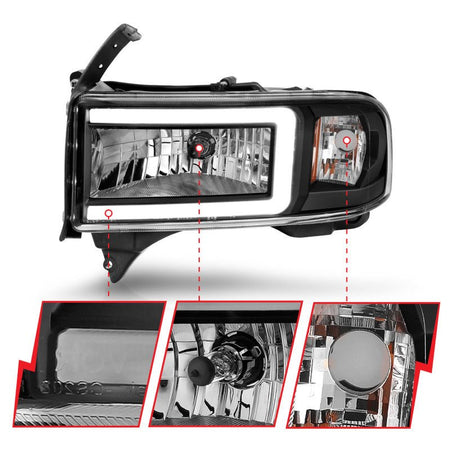 ANZO 94 - 02 Dodge RAM Crystal Headlight - w/ Light Bar Black Housing - CPC Performance