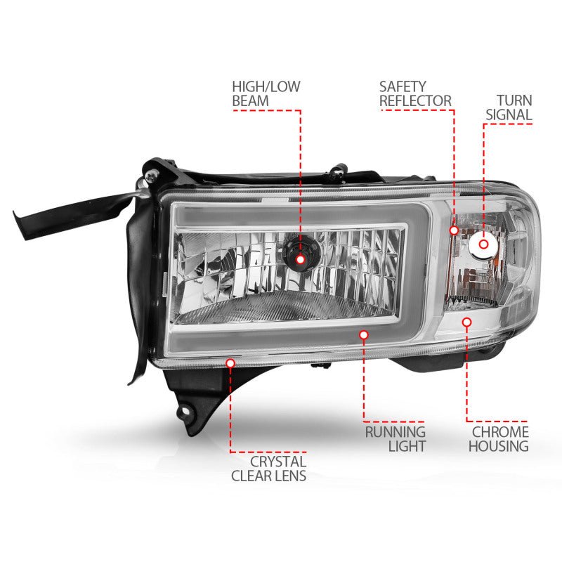 ANZO 94 - 02 Dodge RAM Crystal Headlight - w/ Light Bar Chrome Housing - CPC Performance
