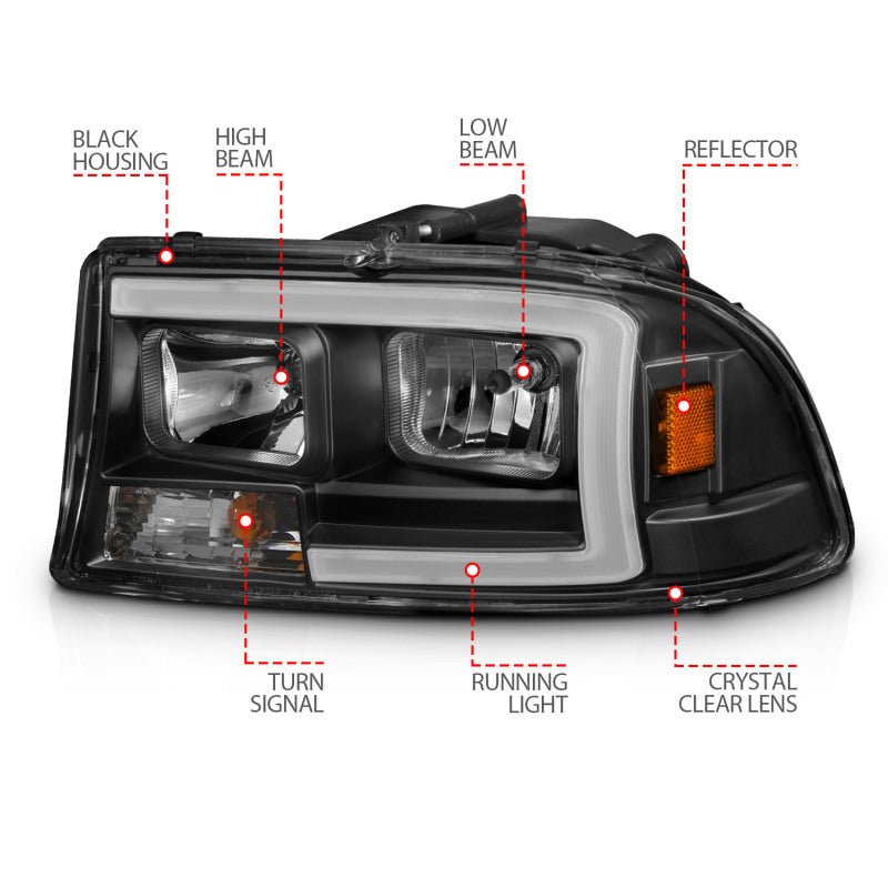 ANZO 97 - 04 Dodge Dakota/Durango Crystal headlight Set w/ Light Bar Black Housing - CPC Performance