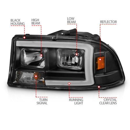 ANZO 97 - 04 Dodge Dakota/Durango Crystal headlight Set w/ Light Bar Black Housing - CPC Performance
