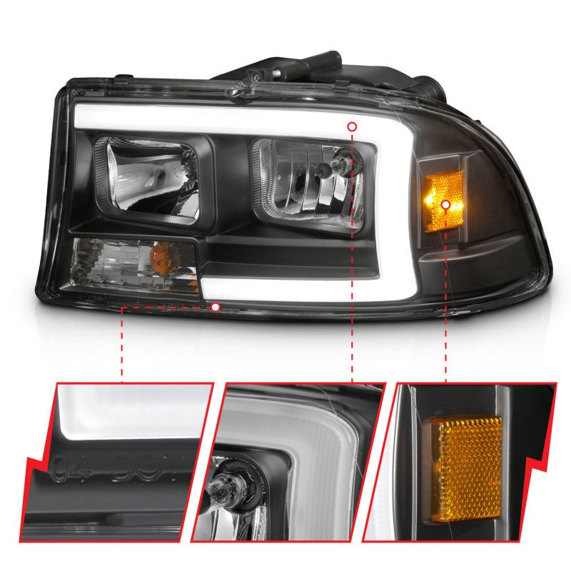 ANZO 97 - 04 Dodge Dakota/Durango Crystal headlight Set w/ Light Bar Black Housing - CPC Performance