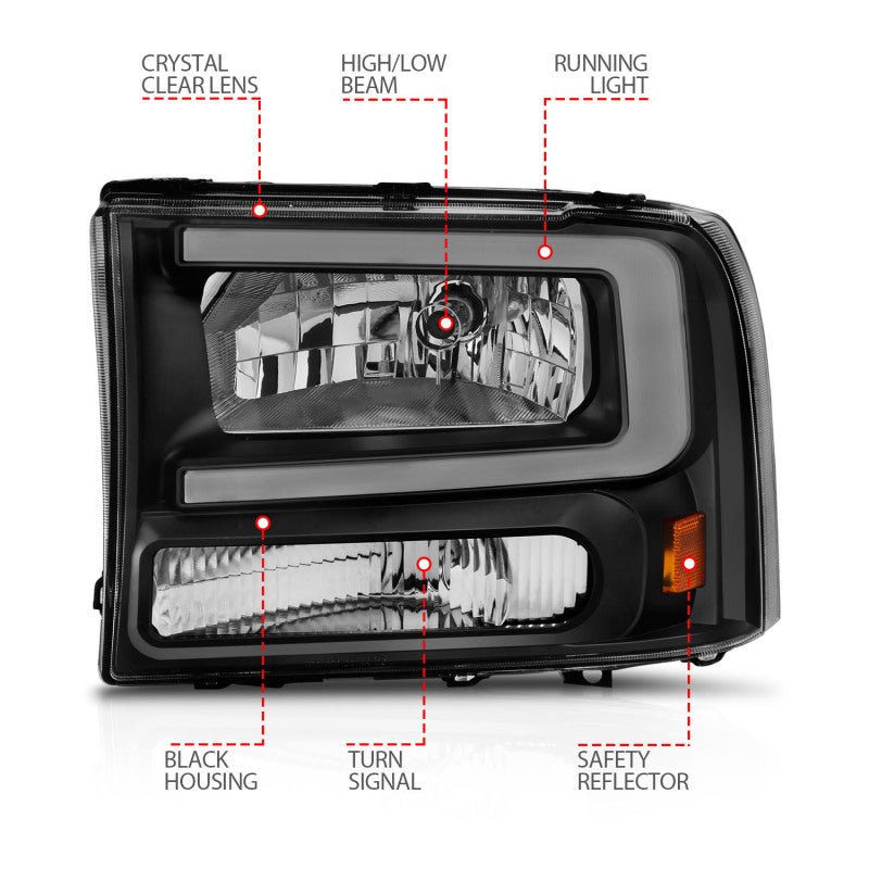 ANZO 99 - 04 Ford F250/F350/F450/Excursion (excl. 99) Crystal Headlights - w/ Light Bar Black Housing - CPC Performance