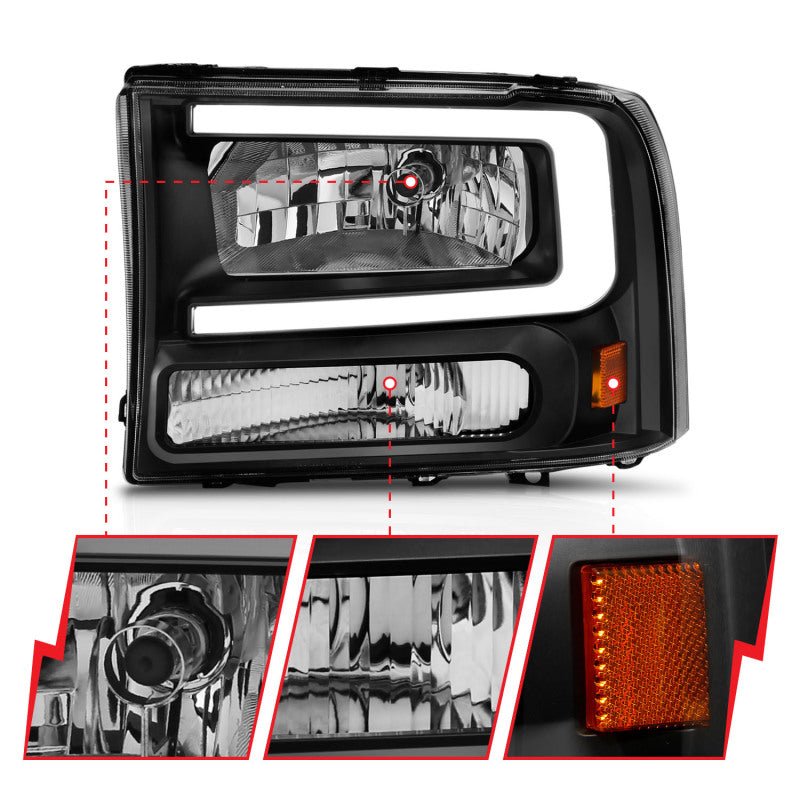ANZO 99 - 04 Ford F250/F350/F450/Excursion (excl. 99) Crystal Headlights - w/ Light Bar Black Housing - CPC Performance